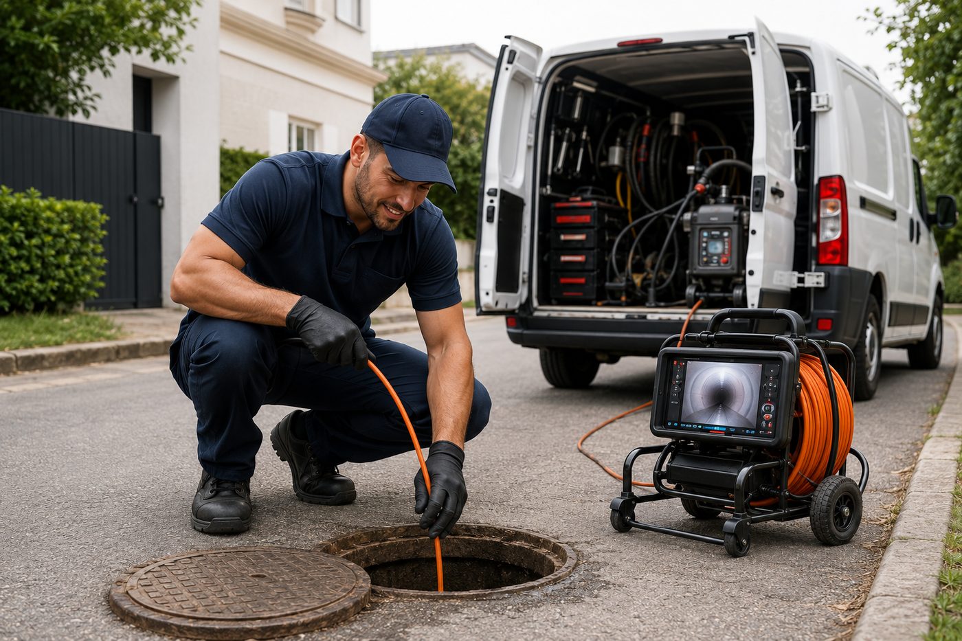Technicien des Déboucheurs Pro en intervention sur un regard, devant son camion équipé
